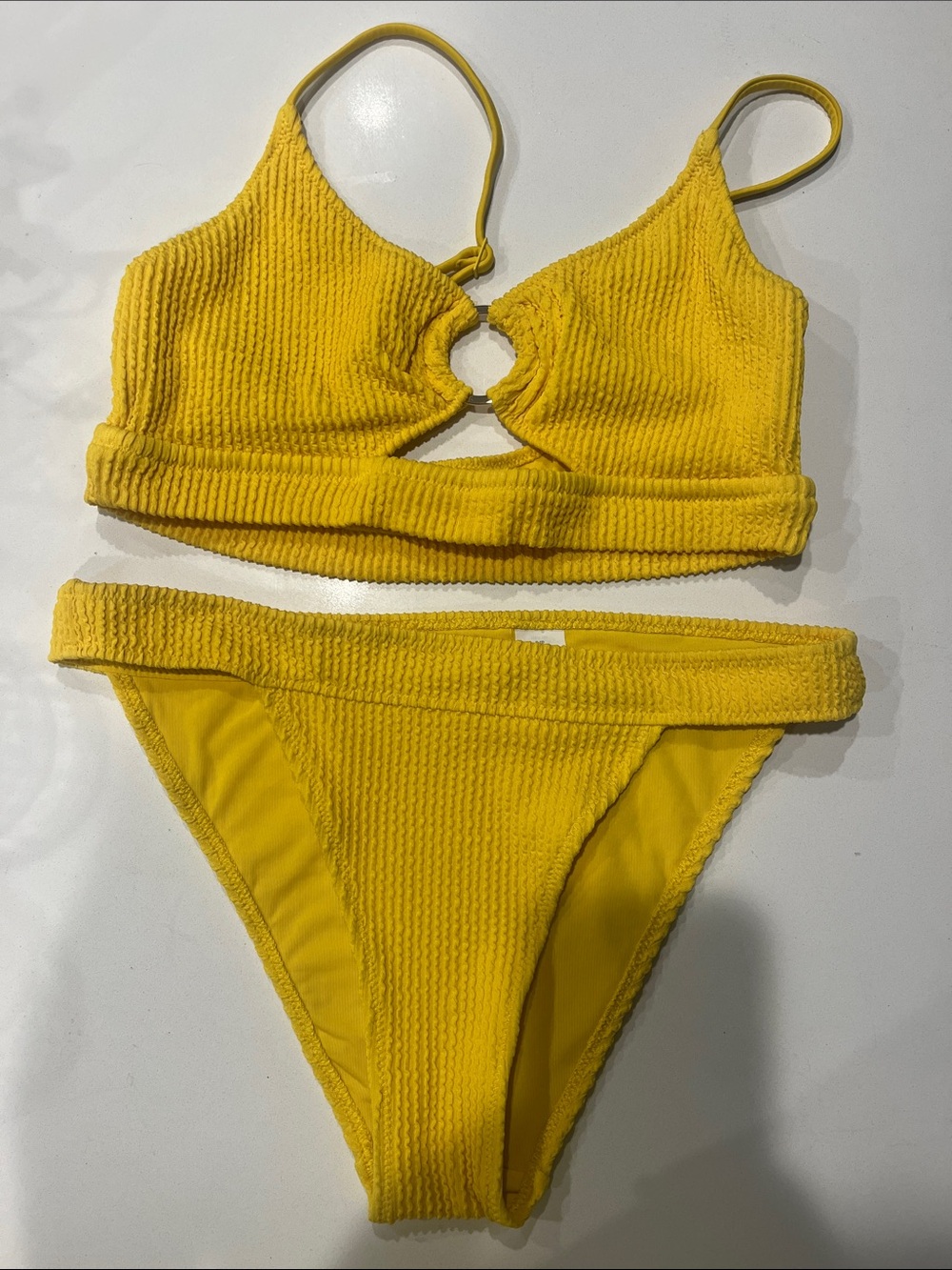 aerie Bright Yellow Textured Ring-Detail Bikini Set